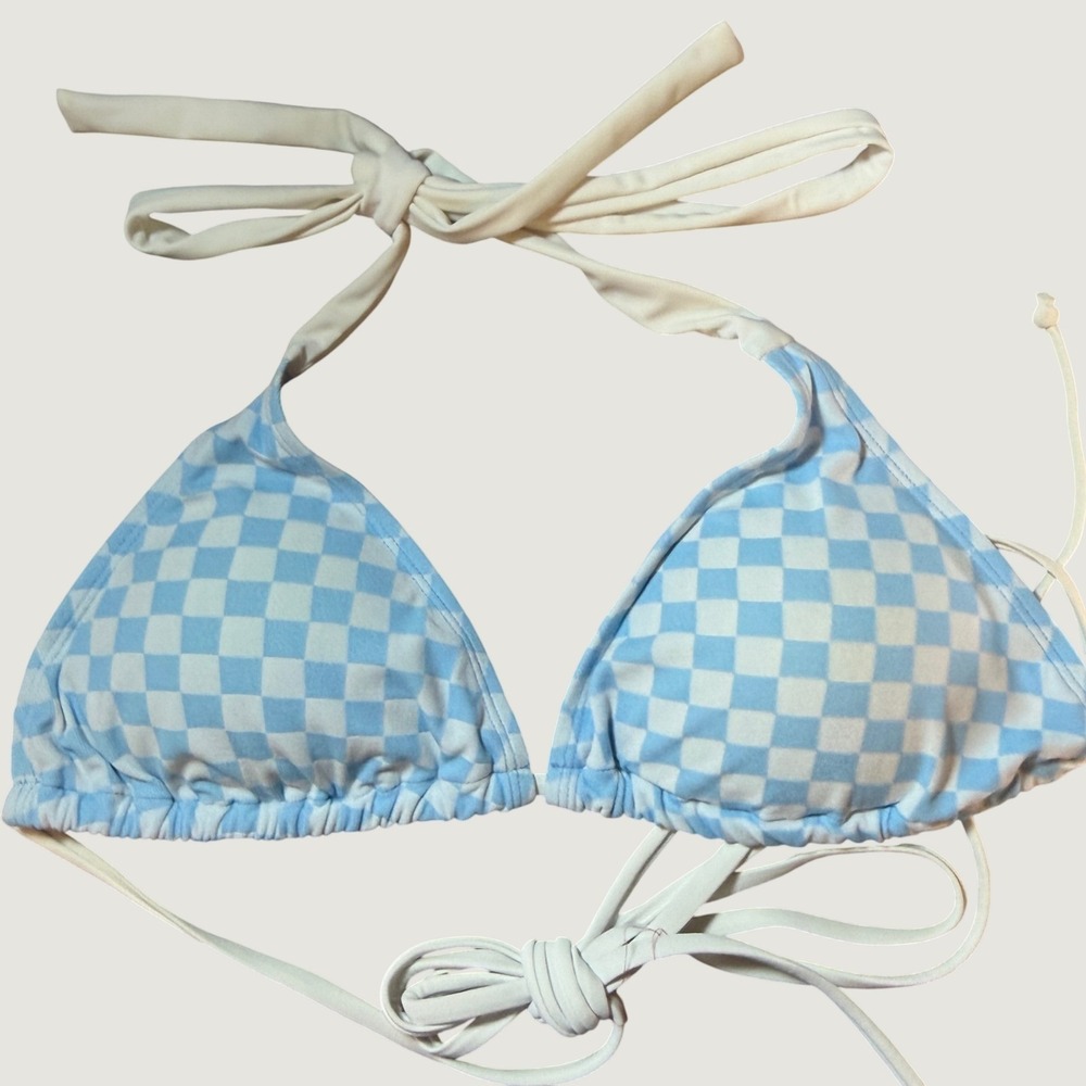 Gabrielle Union Bikini Top Size Medium Blue White Checkered Triangle New
